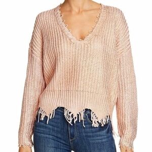Elan Blush V-Neck Sweater with Frayed Hem